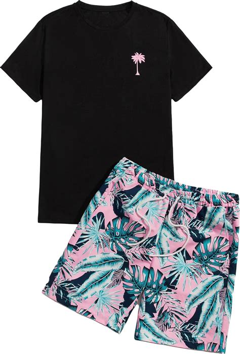 Gorglitter Mens 2 Piece Short Sleeve Graphic Tee Hawaiian Printed