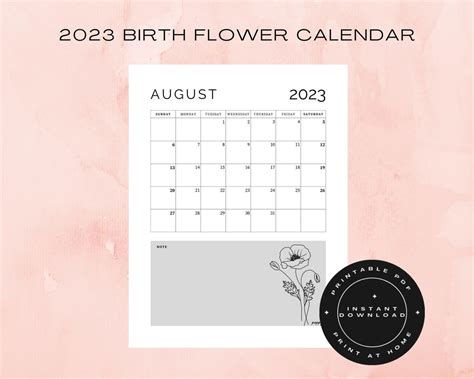 2023 Birth Flower Calendar Printable Minimalist Monthly Calendar In