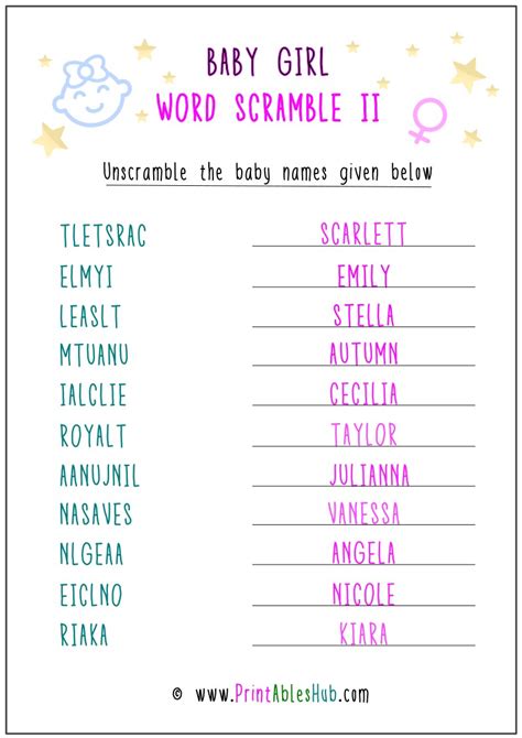 Free Printable Baby Girl Word Scramble PDF With Answers Key Included