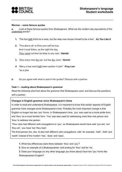 The Language Of Shakespeare Worksheet