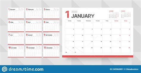 Monthly Calendar For 2023 Year Starts On Monday Stock Vector