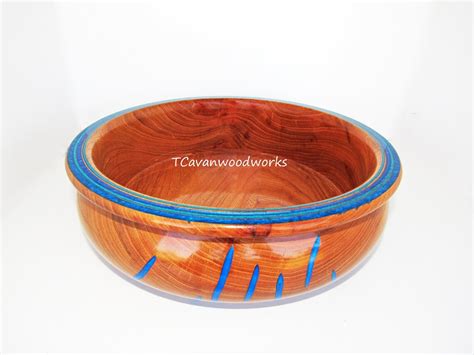 Large Turned Wood Bowl Inlaid Blue Epoxy Resin Unique Carved Etsy