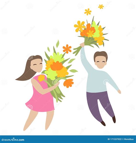 The Boy With A Bouquet Of Flowers The Girl Goes And Holds Flowers In Her Hands Stock Vector