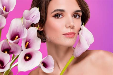 Photo Of Shiny Pretty Lady Nude Shoulders Loving Body Positive Neon Pink Color Background Stock
