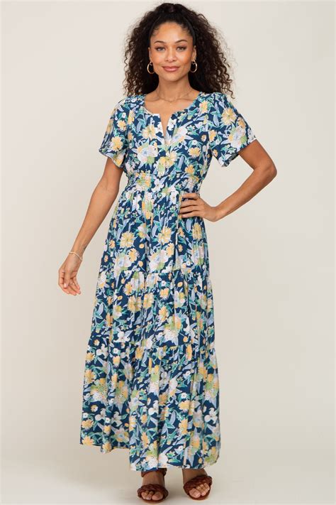 Navy Floral Print Smocked Maxi Dress Pinkblush