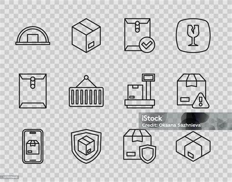 세트 라인 모바일 앱 배달 추적 판지 골판지 상자 봉투 및 확인 표시 방패 창고 컨테이너 크레인 및 아이콘배달 보안 벡터