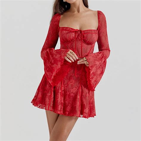 Sexy Lace Flare Sleeve Mini Dress Square Collar Slim Party Dresses