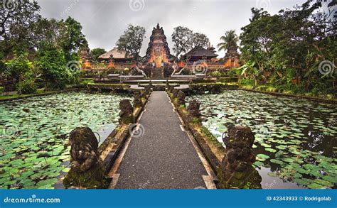 Lotus Pond And Pura Saraswati Temple In Ubud Bali Indonesia Stock