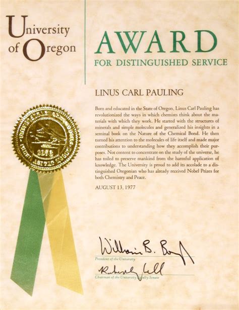 University of Oregon, Award for Distinguished Service, Certificate ...