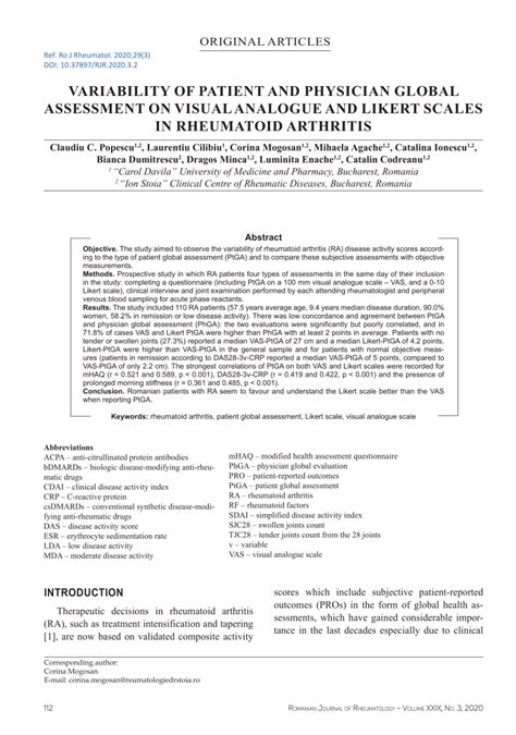 Pdf Variability Of Patient And Physician Global Assessment On Visual Analogue And Likert