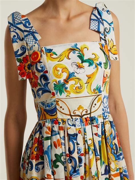 Majolica Print Cotton Poplin Midi Dress Dolce And Gabbana