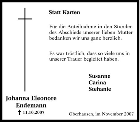 Traueranzeigen Von Johanna Eleonore Endemann Trauer In NRW De