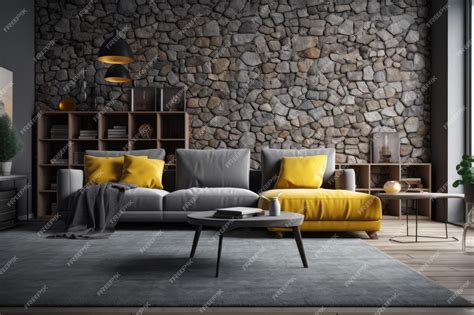 Premium AI Image | Modern living room with a striking yellow and grey ...