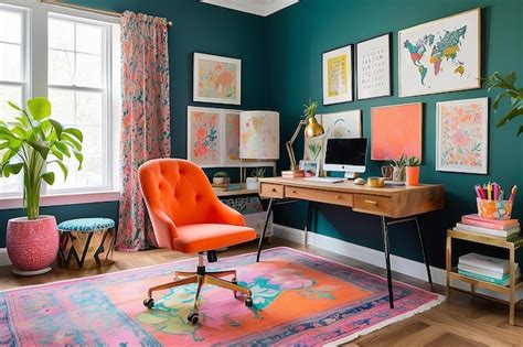 Premium Photo Vibrant And Eclectic Home Office With A Mix Of Patterns