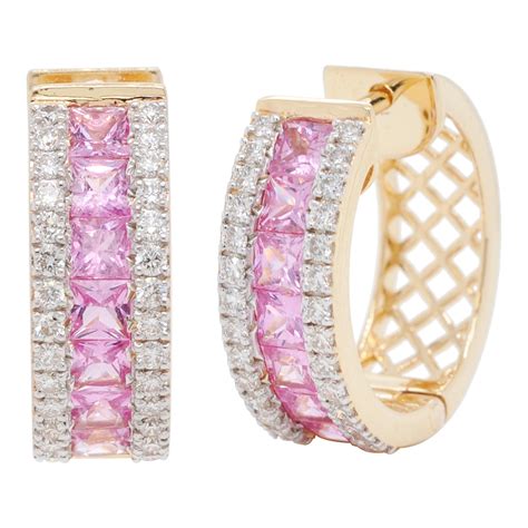 18K Gold Channel Set Princess Cut Pink Sapphire Diamond Huggies Hoops