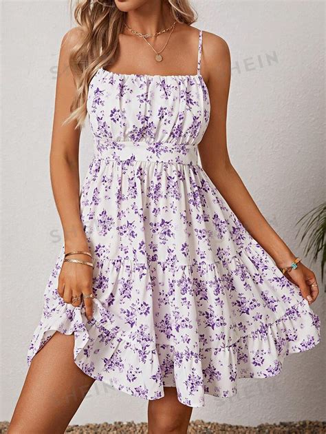 Shein Frenchy Ditsy Floral Print Ruffle Hem Cami Dress Sundress