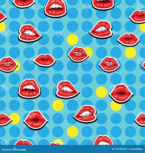 Red Lips With Smile On Blue Background Sensual Female Mouth With White