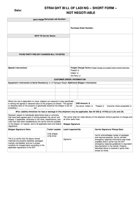 Printable Bill Of Lading Short Form Free