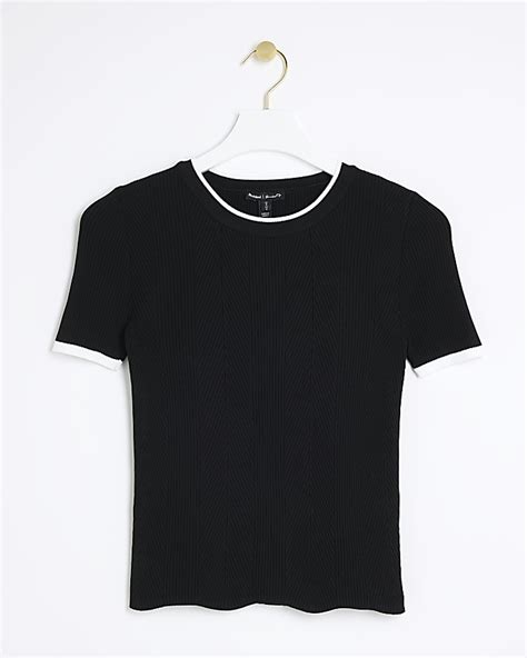 Black Ribbed Knit T Shirt River Island