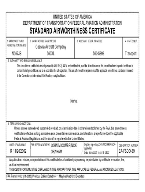 Faa Form Standard Airworthiness Certificate Faa Form