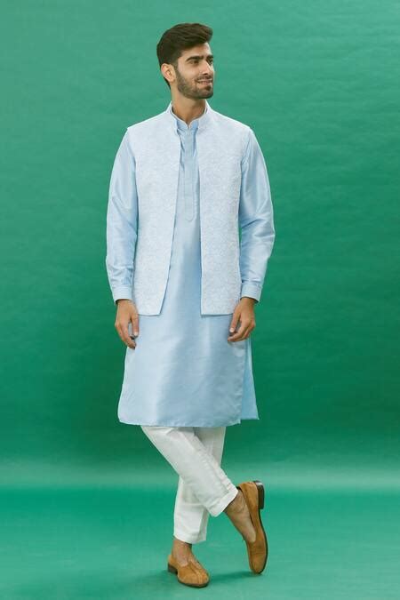 Buy Blue Cotton Silk Embroidered Floral Pattern Bundi Jacket And Kurta