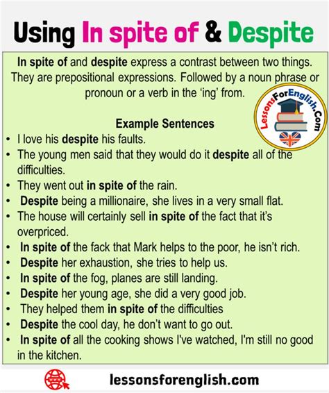 A Poster With The Words Using In Spite Of 8 Despisite On It