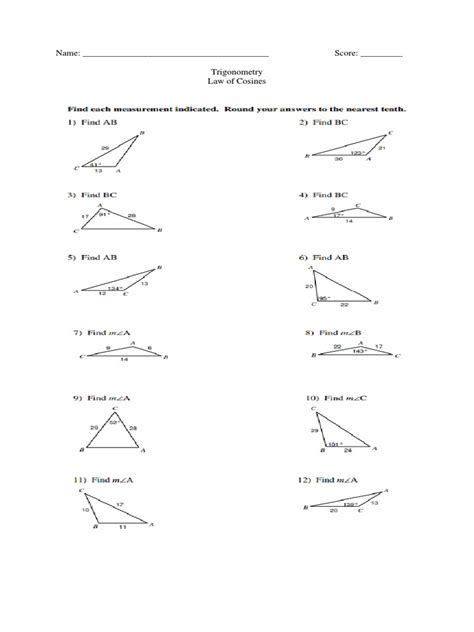 Law Of Cosines Worksheet Pdf