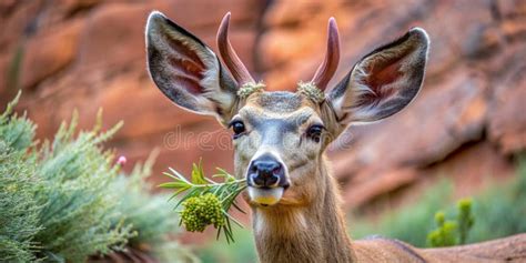 Deer Eating A Thistle Plant At Red Rocks Creative Ai Stock Illustration
