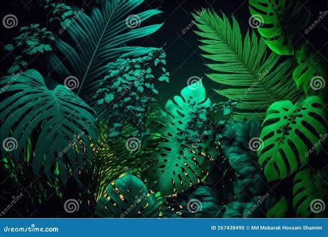 Dark Green Tropical Small Leaves Colorful Neon Light Premium Background Stock Illustration