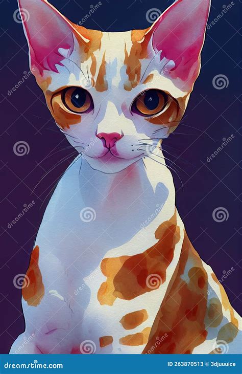 Watercolor Portrait Of Cute Cornish Rex Cat Stock Illustration