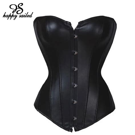 Happy Sailed Black Lace Up Faux Leather Pvc Overbust Belly Corset Women With G String Bustier