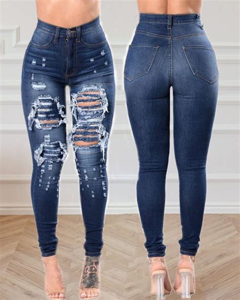 Ripped Cutout High Waist Pocket Design Jeans