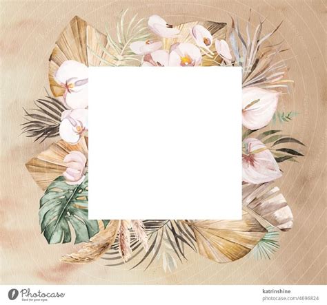 Watercolor Bohemian Square Frame With Dried Leaves And Tropical Flowers