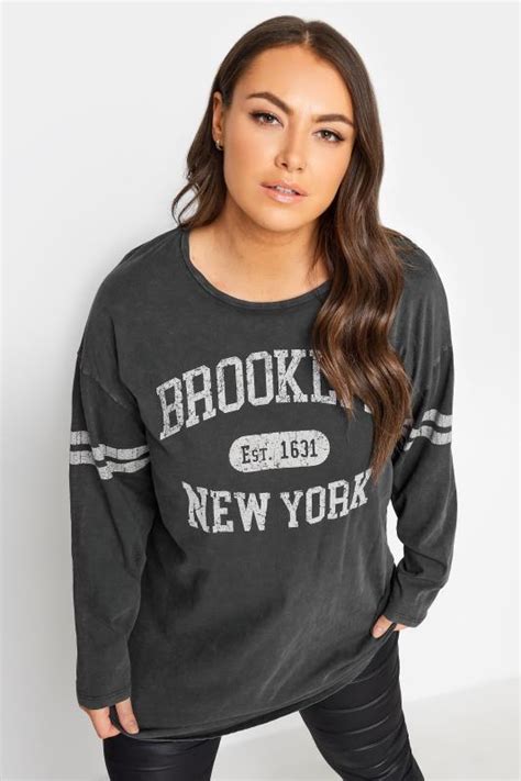 Yours Plus Size Grey Acid Wash Brooklyn Slogan T Shirt Yours Clothing