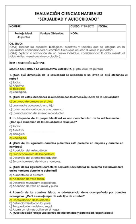 Prueba 7° Sexualidad Y Autocuidado Profe Social