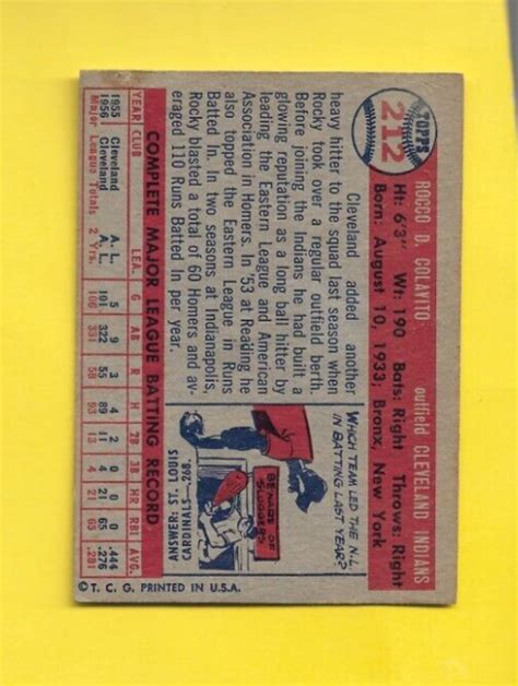 1957 Topps Rocky Rocco Colavito ROOKIE 212 Cleveland Indians VERY GOOD