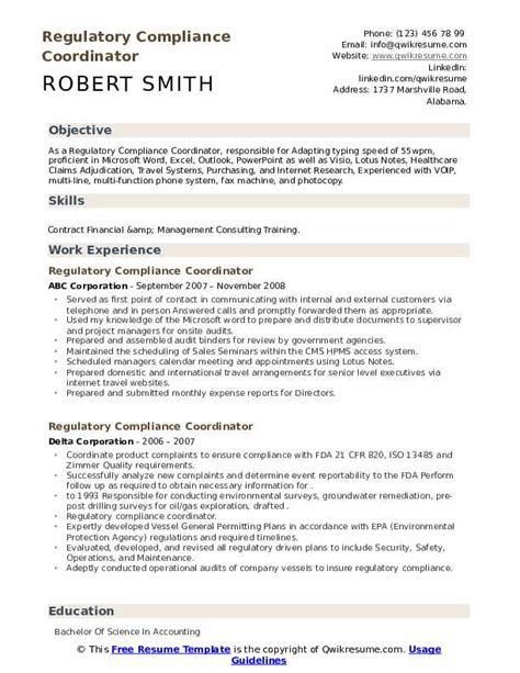 Regulatory Compliance Coordinator Resume Samples Qwikresume