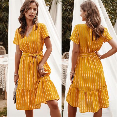 Idall Summer Dresses Petite Dresses Women Stripe Print Knee Length