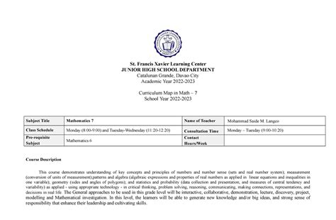 Grade Math Curriculum Map St Francis Xavier Learning Center Junior
