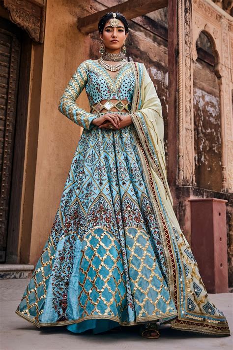 Buy Blue Anarkali Upada Silk Printed Gota Embroidered With Dupatta For