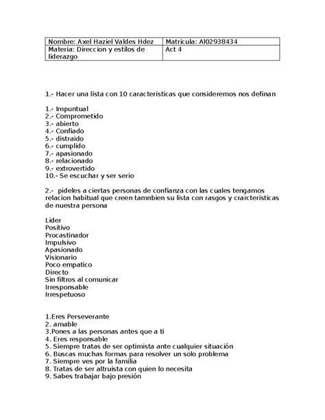 Act Estilos De Liderazgo Nombre Axel Haziel Valdes Hdez Matricula