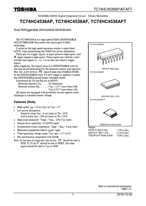 Tc Hc Af Datasheet Dual Retriggerable Monostable Multivibrator