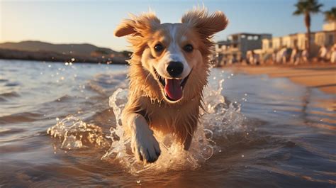 Un Perro Corriendo En El Agua Foto Premium