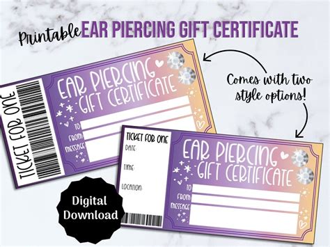 Ear Piercing Gift Certificate Voucher Printable Ears Pierced Gift