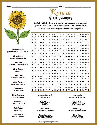 Kansas State Symbols Word Search Puzzle