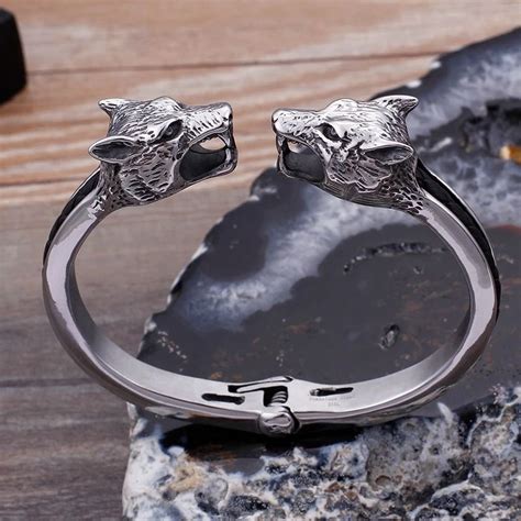 Bavipower Stainless Steel Viking Double Wolf Head Bangle Cuff Bracelet