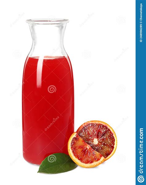 Tasty Sicilian Orange Juice In Glass Bottle On White Background Stock