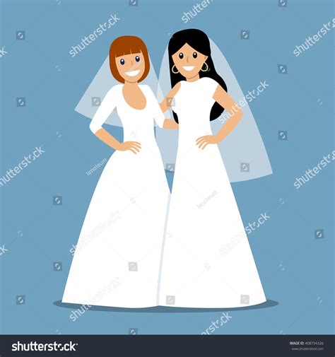 Beautiful Lesbian Couple White Wedding Dresses Stock Vector Royalty