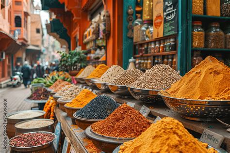 Colourful Spice Piles And Local Commodities On Display At A Bustling