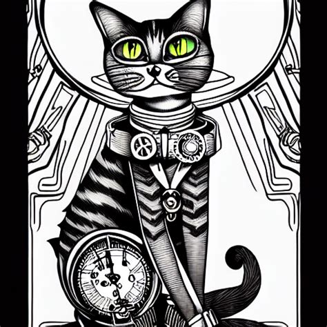 Steampunk Cat Coloring Book Realistic Art Style Black And White